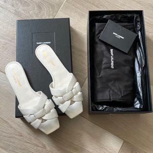 Brand New YSL TRIBUTE FLAT MULES IN SMOOTH LEATHER White Size 36.5